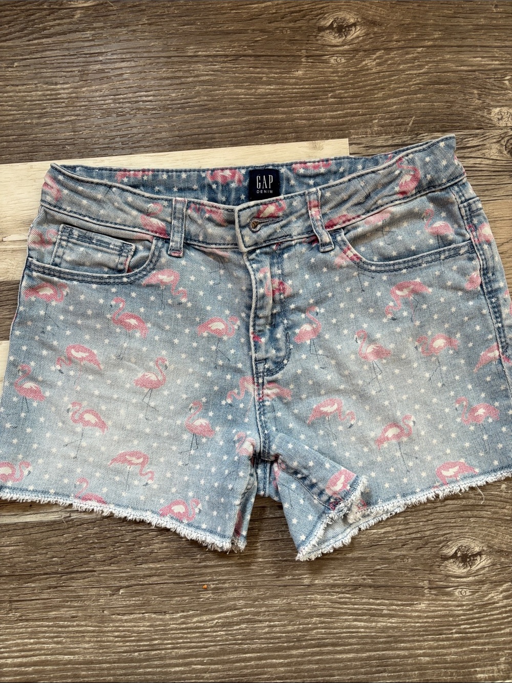GAP Light Blue Denim Shorts with Pink Flamingo Print